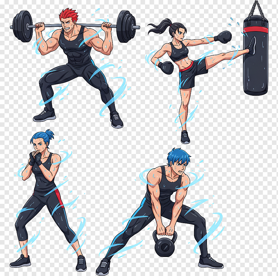 Anime-style fitness athletes training with weights and conditioning